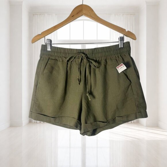 NWT Love Tree Olive Green Linen Blend Shorts Size L Elastic Waist Drawstring - Picture 2 of 10